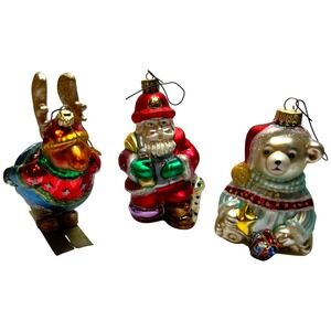 Polonaise Kurt Adler Glass Christmas Ornaments Lot 3 Reindeer Santa Bear Poland